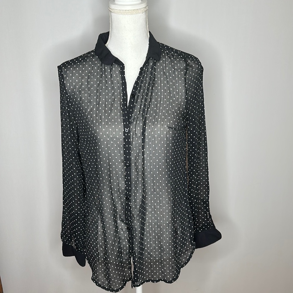 Zara collection women polka dot long sleeve sheer top black & white size medium